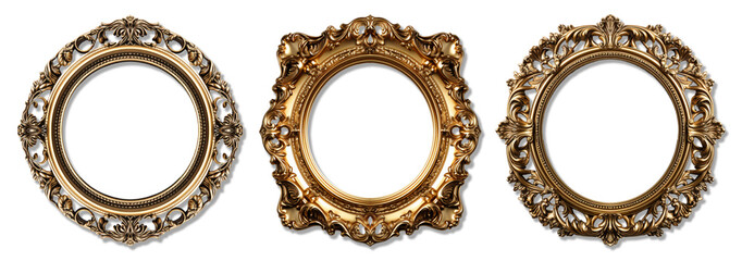 Set of round shaped decorative vintage gold frames with elegant carvings, isolated on transparent background, generative ai - obrazy, fototapety, plakaty