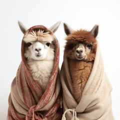 Cozy Alpacas Wrapped in Woolen Blanket, Isolated on White