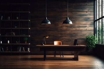 Modern empty office interior, wooden furniture and cozy stylish atmosphere.