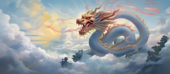 Fantasy of chinese dragon flying on clouds. AI generated image - obrazy, fototapety, plakaty