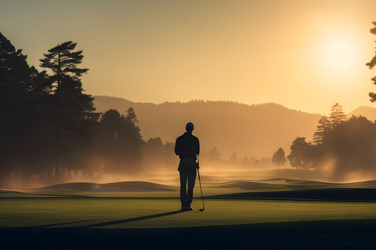 silhouette of a person playing golf in the sunset