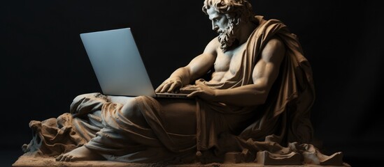 Fototapeta premium Goddess sculpture ancient working with laptop isolated dark background