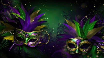 Mardi Gras Venetian masks in golden purple green colors background. Festive colorful Carnival Mardi Gras masquerade mask design for banner, greeting card, prints, poster, party invitation, flyer..