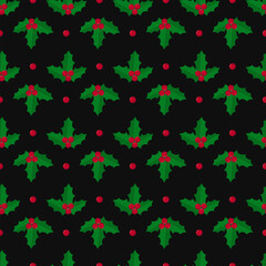 Christmas seamless pattern with holly berries and leaves. Cute seasonal background.  Vector template for textile, fabric, wallpaper, wrapping paper, etc.