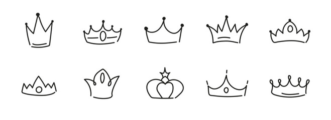Doodle hand drawn princess crown. Line stroke vector crown