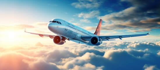 Beautiful airplane with Sunlight an edge of blue sky with clouds. AI generated image - obrazy, fototapety, plakaty