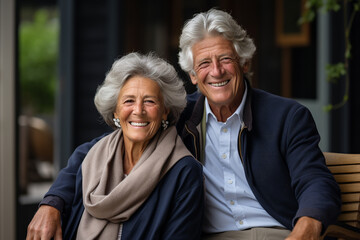Stylish and wealthy Elderly couple, full of joy and love, laughing in their homes. Senior couple, husband and wife enjoy a happy life after retirement - obrazy, fototapety, plakaty