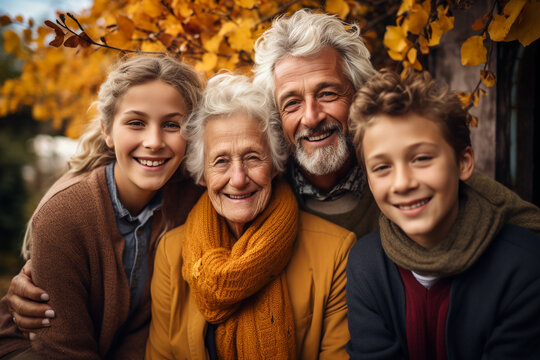 Elderly Couple, Full Of Joy And Love, Laughing And Holding Hands. Senior Couple, Husband And Wife Enjoy A Happy Life And Retirement Outside In Autumn Leaves