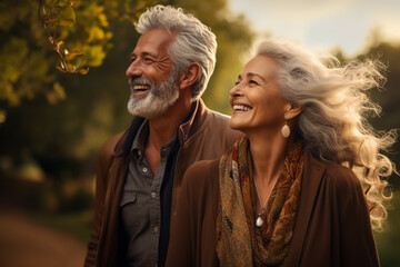 Obraz premium Elderly couple, full of joy and love, laughing. Senior couple, husband and wife enjoy a happy life and retirement outside in the nature during fall