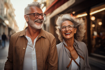 Older couple, full of joy and love, laughing and holding hands. Senior couple, husband and wife smiling having a walk in the city  passing shops - obrazy, fototapety, plakaty