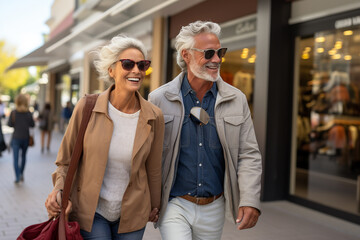 Older couple, full of joy and love, laughing and holding hands. Senior couple, husband and wife enjoy a vacation in the city center. - obrazy, fototapety, plakaty