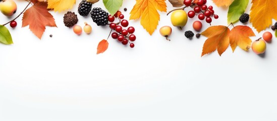 Set autumn leaves with fruits isolated white background. AI generated image
