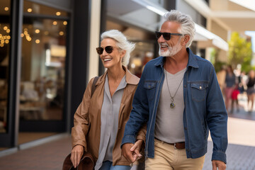Elderly couple, full of joy and love, laughing and holding hands on their walk in the city. Senior couple, husband and wife enjoy a happy life after retirement outside together the city center