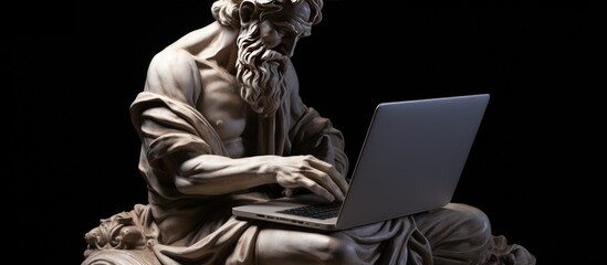 Naklejka premium Abstract Goddess sculpture ancient working with laptop isolated dark background