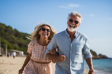 Elderly couple, full of joy and love, laughing and holding hands. Older couple, husband and wife enjoy a happy life, relaxed and exited on their holidays