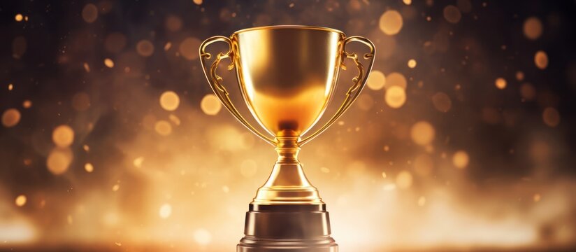 Golden trophy on the abstract shiny lights background. AI generated image
