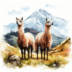 Artistic Depiction of Llamas in Mountainous Landscape, White Background