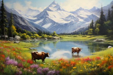 Tranquil Pastoral Haven: Cows Grazing Amidst Wildflowers