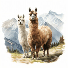Illustrated Llamas Amidst Mountains, Isolated on White