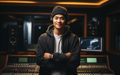 Portrait of young handsome asian rapper smile at engineer studio