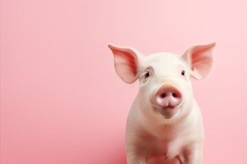 Joyful pig model on pastel color background for fashion shoot with space for text placement