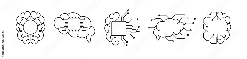 Poster tech robot brain cpu chip frame. digital ai deep learning futuristic circle border. artificial intel