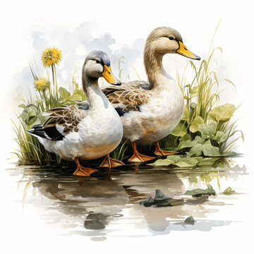 Two Ducks Camouflaged in Bushes, Illustrative Art on White