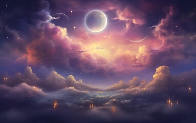 A fantasy cloudscape with stars and a crescent moon overlaid