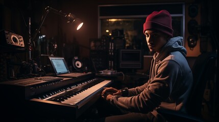 Hip-hop songwriters are composing songs with piano at Recording studio - obrazy, fototapety, plakaty