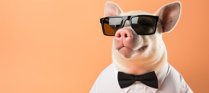 Stylish pig on pastel background in fashion studio with ample copy space for text placement