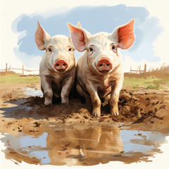 Illustrated Muddy Pigs Enjoying Playtime