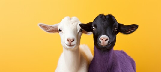 Fashionable goats posing on pastel background for studio photoshoot with ample copy space