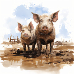 Two Pigs Delighting in Mud, Illustrative Art