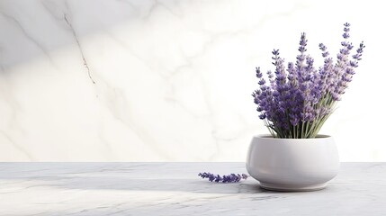 lavender blossoms showcased in a flower pot, elegantly positioned on a white marble table, set against a modern minimalist background with open space for text or invitations.