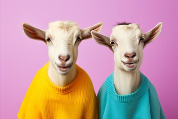 Styled and joyful goats on solid pastel colored background with ample space for text placement
