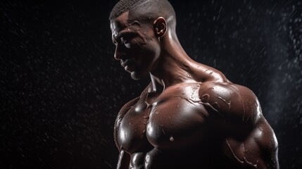 Fototapeta na wymiar a muscular bodybuilder stands shirtless, his chiseled physique glistening with sweat, captured in a close-up shot that focuses on his bulging biceps