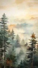 Wallpaper murals Forest in fog Watercolor with tranquility forest landscape. Poster art.