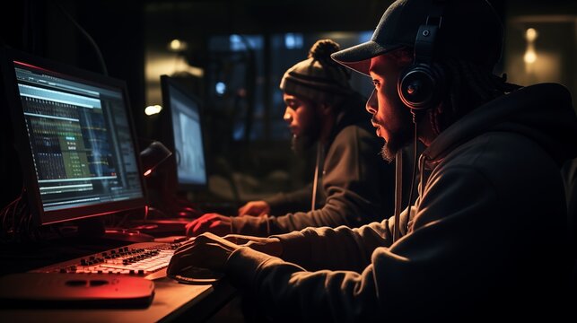 Hip-hop songwriters are composing songs with piano at Recording studio