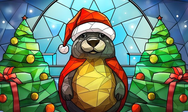 3D stained glass of a Christmas seal wear Christmas hat