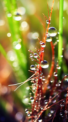 Drops of dew or rain on reddish stems of grass. Macro photography, shallow depth of field, bokeh.