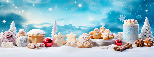 Christmas cookies on snow and blue background. Christmas concept.Generative AI