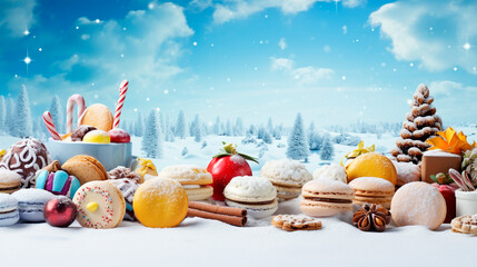 Fototapeta premium Christmas cookies on snow and blue background. Christmas concept.Generative AI