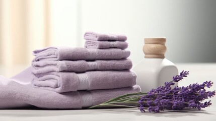 Obraz na płótnie Canvas terry towels adorned with delicate lavender flowers, featuring a beautiful reflection, set against a modern minimalist background with abundant space for text or invitations.