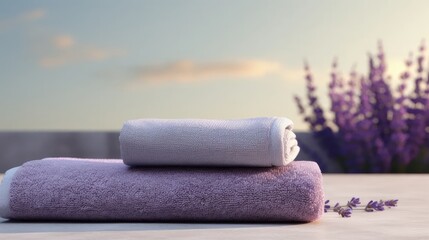 terry towels adorned with delicate lavender flowers, featuring a beautiful reflection, set against a modern minimalist background with abundant space for text or invitations.