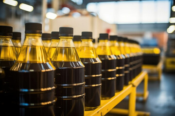 Sunflower technology yellow bottles factory plastic industrial packaging production natural liquid oil food - obrazy, fototapety, plakaty