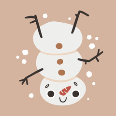 Cute funny snowman upside down. Merry Christmas and Happy new year illustration for advent calendar. Cute winter illustration. Vector illustration.