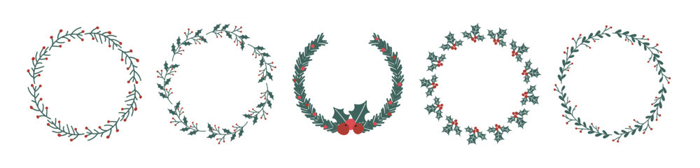 Christmas holiday photo frame. Holly berry branch wreath. Xmas picture border