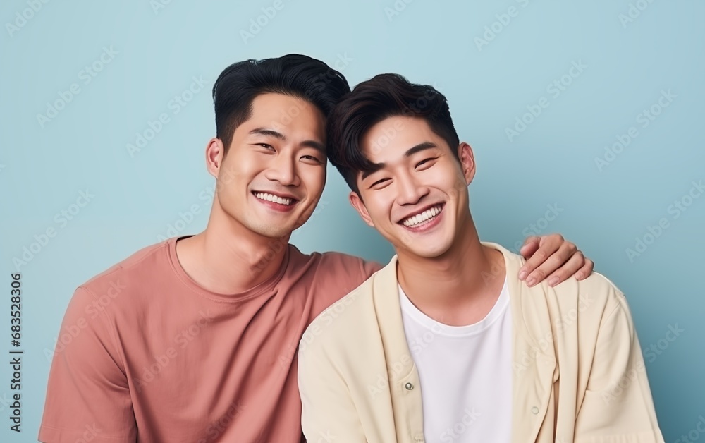 Wall mural Portrait of young Asian Gay couple smile isolated background - Wall murals