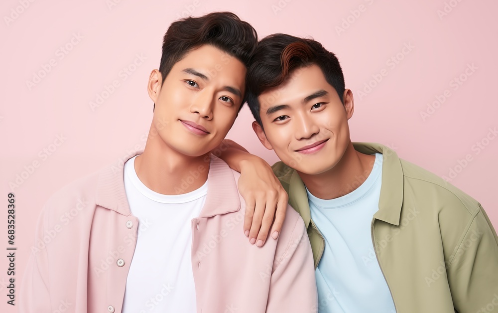 Wall mural Portrait of young Asian Gay couple smile isolated background