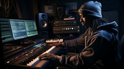 Hip-hop songwriters are composing songs with piano at Recording studio - obrazy, fototapety, plakaty